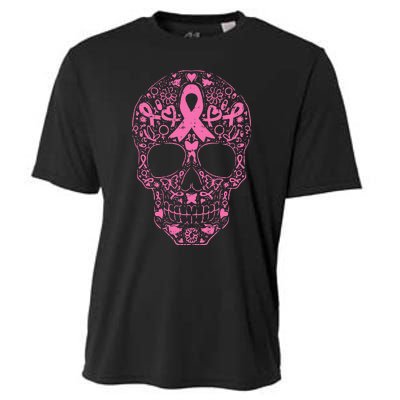 Breast Cancer Sugar Skull Pink Ribbon Calavera Cooling Performance Crew T-Shirt