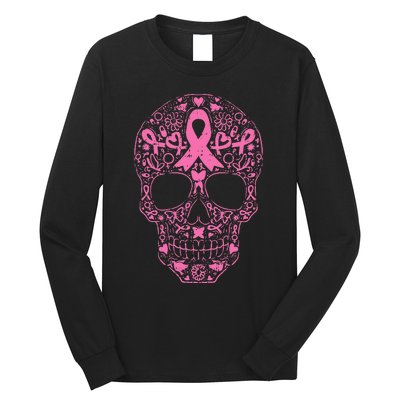 Breast Cancer Sugar Skull Pink Ribbon Calavera Long Sleeve Shirt