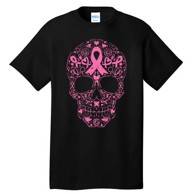 Breast Cancer Sugar Skull Pink Ribbon Calavera Tall T-Shirt