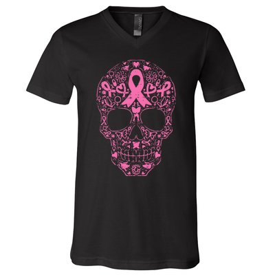 Breast Cancer Sugar Skull Pink Ribbon Calavera V-Neck T-Shirt