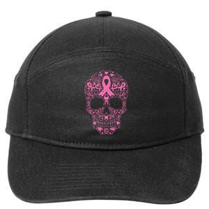 Breast Cancer Sugar Skull Pink Ribbon Calavera 7-Panel Snapback Hat