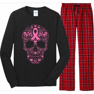 Breast Cancer Sugar Skull Pink Ribbon Calavera Long Sleeve Pajama Set