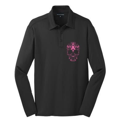 Breast Cancer Sugar Skull Pink Ribbon Calavera Silk Touch Performance Long Sleeve Polo