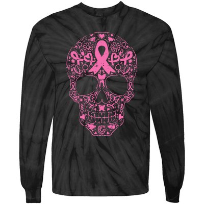 Breast Cancer Sugar Skull Pink Ribbon Calavera Tie-Dye Long Sleeve Shirt