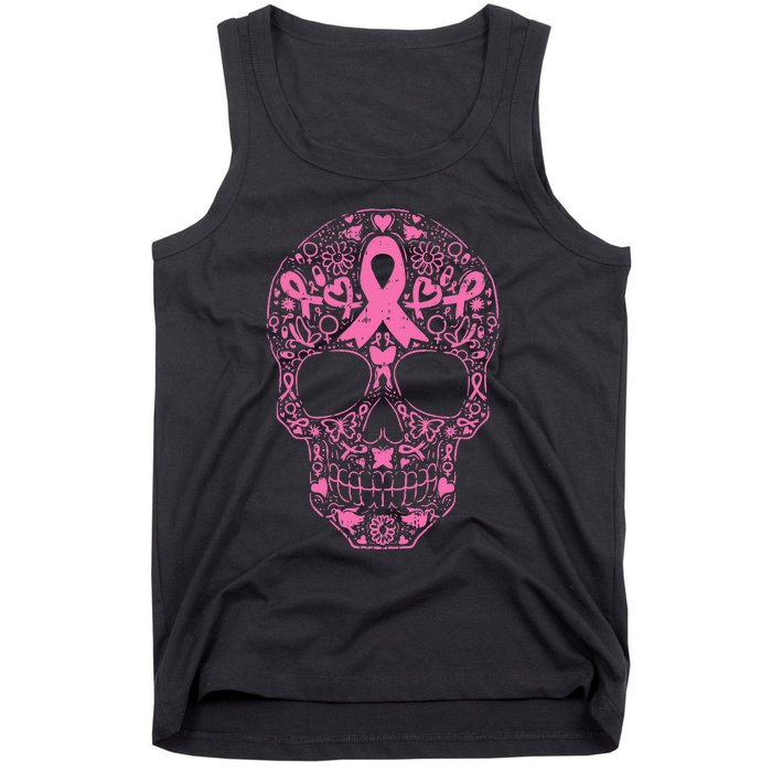 Breast Cancer Sugar Skull Pink Ribbon Calavera Tank Top