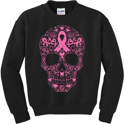 Breast Cancer Sugar Skull Pink Ribbon Calavera Kids Sweatshirt