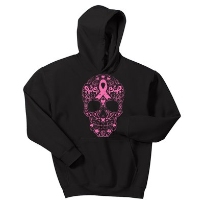 Breast Cancer Sugar Skull Pink Ribbon Calavera Kids Hoodie