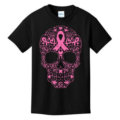 Breast Cancer Sugar Skull Pink Ribbon Calavera Kids T-Shirt