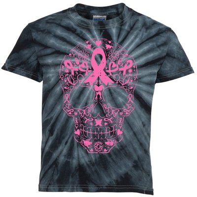 Breast Cancer Sugar Skull Pink Ribbon Calavera Kids Tie-Dye T-Shirt