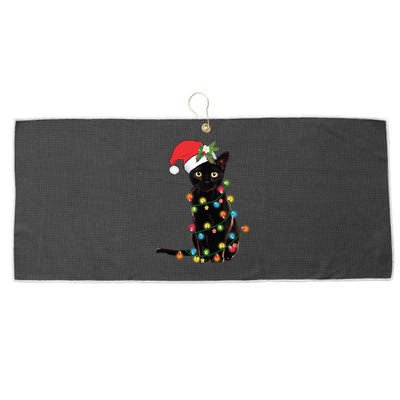 Black Cat Santa Tangled Up In Christmas Lights Cute Gift Large Microfiber Waffle Golf Towel