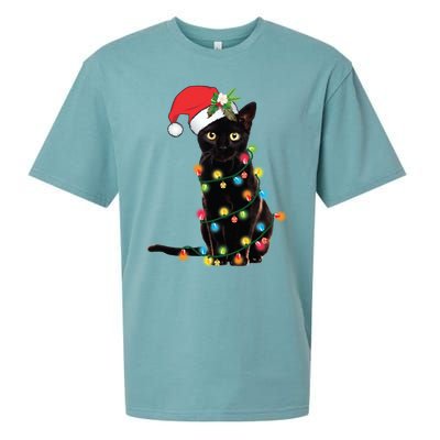 Black Cat Santa Tangled Up In Christmas Lights Cute Gift Sueded Cloud Jersey T-Shirt