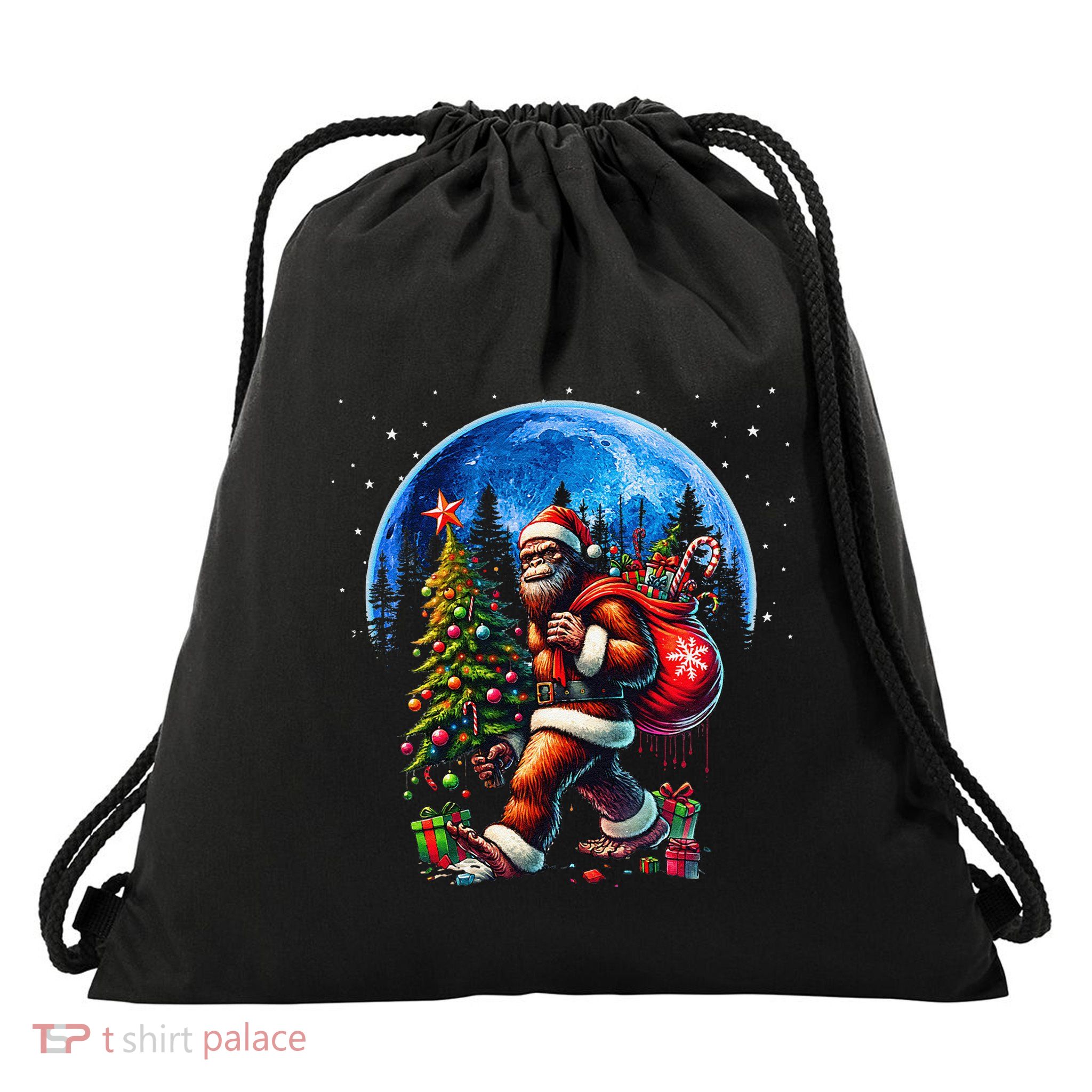 Bigfoot Christmas Santa Hat Sasquatch Moon Xmas Drawstring Bag