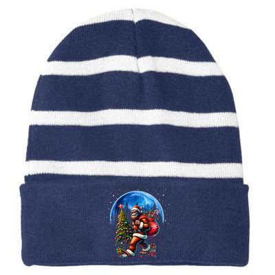 Bigfoot Christmas Santa Hat Sasquatch Moon Xmas Striped Beanie with Solid Band