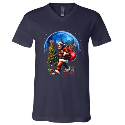 Bigfoot Christmas Santa Hat Sasquatch Moon Xmas V-Neck T-Shirt