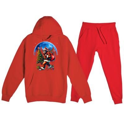 Bigfoot Christmas Santa Hat Sasquatch Moon Xmas Premium Hooded Sweatsuit Set