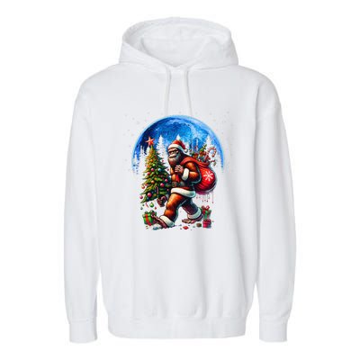 Bigfoot Christmas Santa Hat Sasquatch Moon Xmas Garment-Dyed Fleece Hoodie