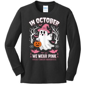 Breast Cancer Support Squad In October We Wear Ghosts Kids Long Sleeve Shirt