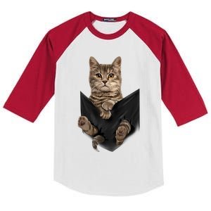 Brown Cat Sits In Pocket Cats Gifts Kids Colorblock Raglan Jersey