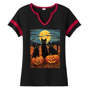 Black Cat Starry Night Van Gogh Funny Halloween Ladies Halftime Notch Neck Tee