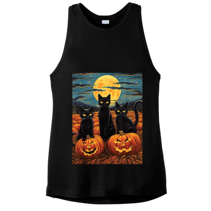 Black Cat Starry Night Van Gogh Funny Halloween Ladies PosiCharge Tri-Blend Wicking Tank