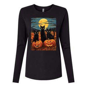 Black Cat Starry Night Van Gogh Funny Halloween Womens Cotton Relaxed Long Sleeve T-Shirt