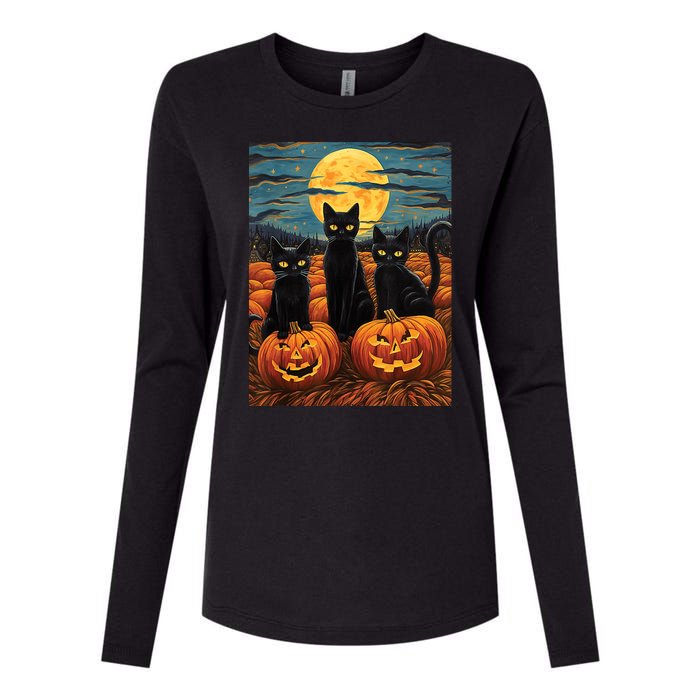 Black Cat Starry Night Van Gogh Funny Halloween Womens Cotton Relaxed Long Sleeve T-Shirt