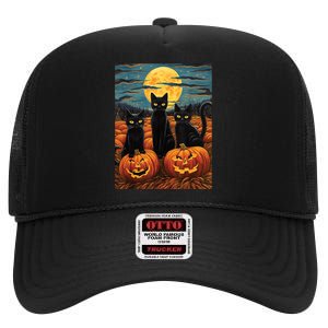 Black Cat Starry Night Van Gogh Funny Halloween High Crown Mesh Back Trucker Hat