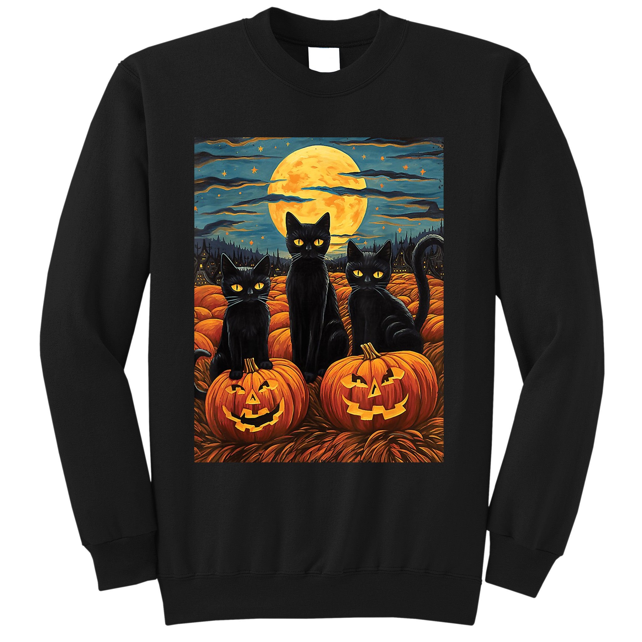 Black Cat Starry Night Van Gogh Funny Halloween Sweatshirt