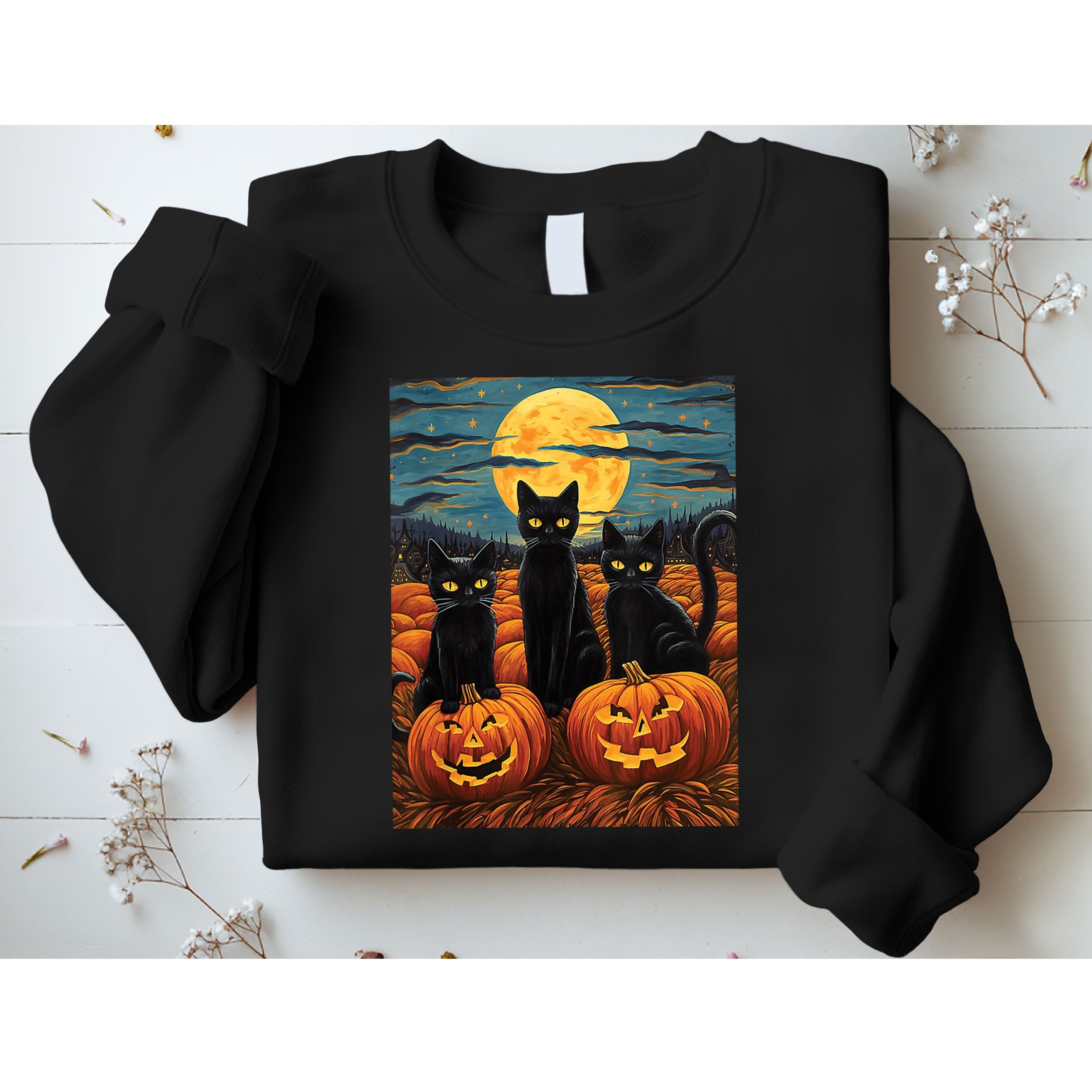 Black Cat Starry Night Van Gogh Funny Halloween Sweatshirt