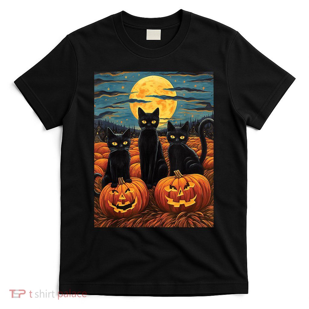 Black Cat Starry Night Van Gogh Funny Halloween T-Shirt