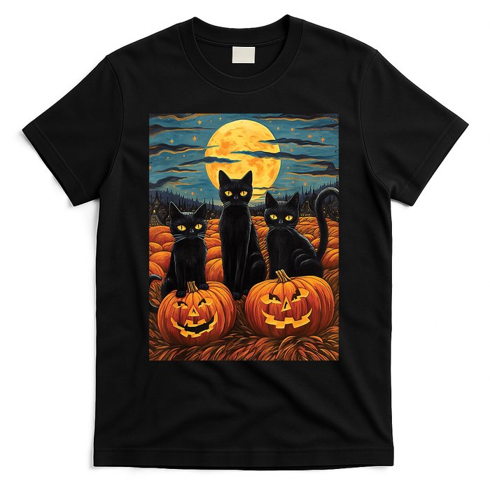 Black Cat Starry Night Van Gogh Funny Halloween T-Shirt