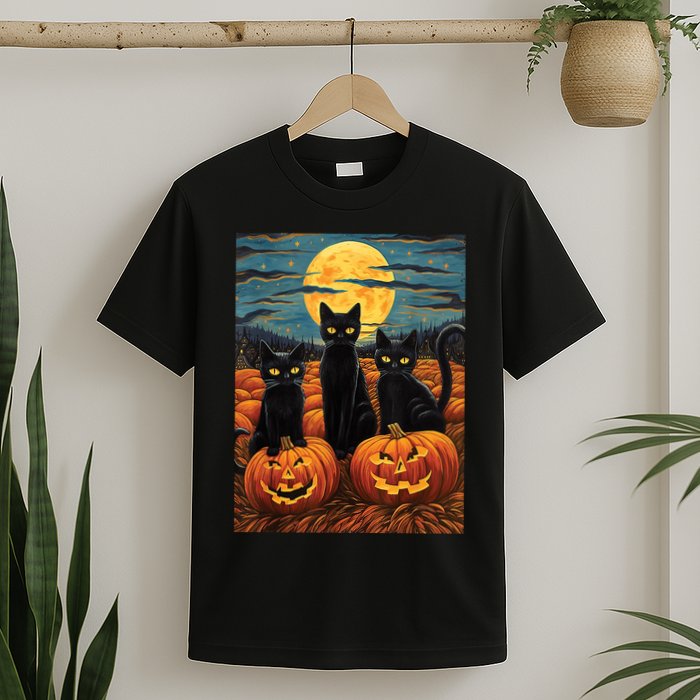 Black Cat Starry Night Van Gogh Funny Halloween T-Shirt