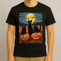 Black Cat Starry Night Van Gogh Funny Halloween T-Shirt