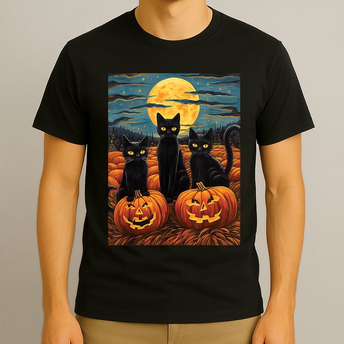 Black Cat Starry Night Van Gogh Funny Halloween T-Shirt