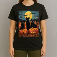 Black Cat Starry Night Van Gogh Funny Halloween T-Shirt