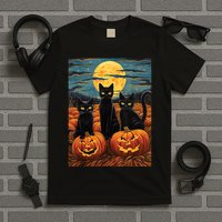 Black Cat Starry Night Van Gogh Funny Halloween T-Shirt