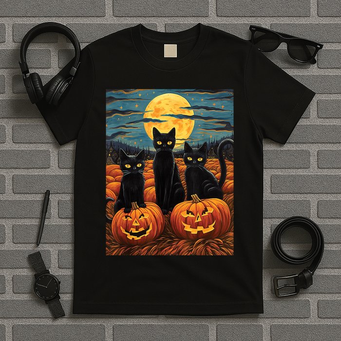 Black Cat Starry Night Van Gogh Funny Halloween T-Shirt