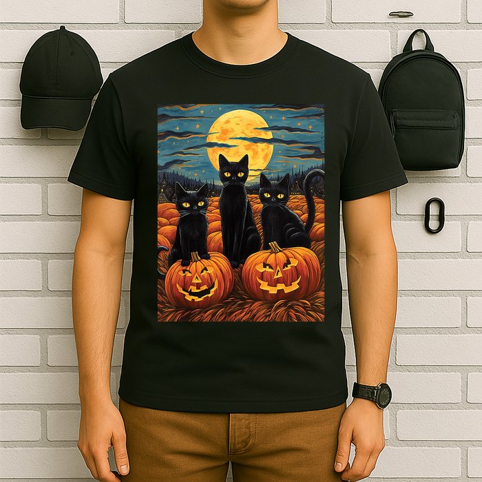 Black Cat Starry Night Van Gogh Funny Halloween T-Shirt