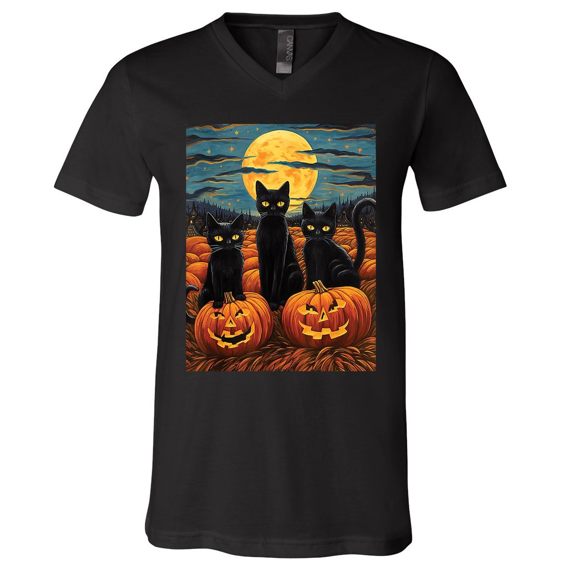 Black Cat Starry Night Van Gogh Funny Halloween V-Neck T-Shirt