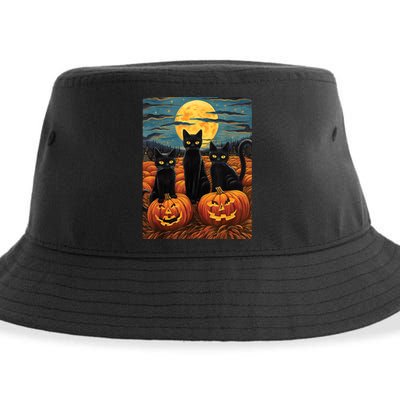 Black Cat Starry Night Van Gogh Funny Halloween Sustainable Bucket Hat