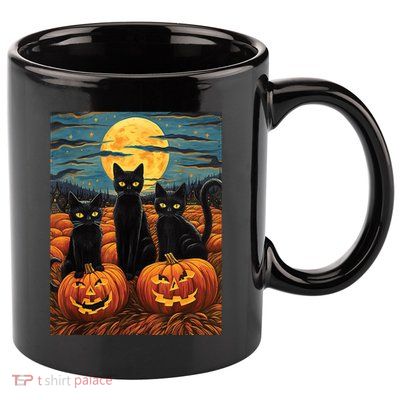 Black Cat Starry Night Van Gogh Funny Halloween 11oz C Handle Ceramic Mug