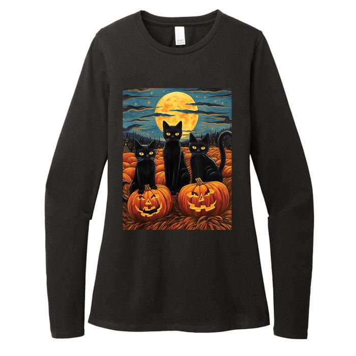 Black Cat Starry Night Van Gogh Funny Halloween Womens CVC Long Sleeve Shirt