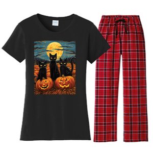 Black Cat Starry Night Van Gogh Funny Halloween Women's Flannel Pajama Set