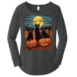 Black Cat Starry Night Van Gogh Funny Halloween Women's Perfect Tri Tunic Long Sleeve Shirt