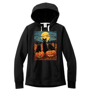 Black Cat Starry Night Van Gogh Funny Halloween Women's Fleece Hoodie