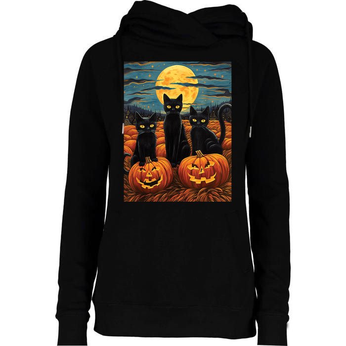 Black Cat Starry Night Van Gogh Funny Halloween Womens Funnel Neck Pullover Hood