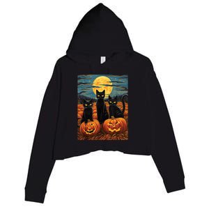 Black Cat Starry Night Van Gogh Funny Halloween Crop Fleece Hoodie