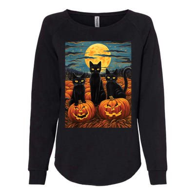 Black Cat Starry Night Van Gogh Funny Halloween Womens California Wash Sweatshirt