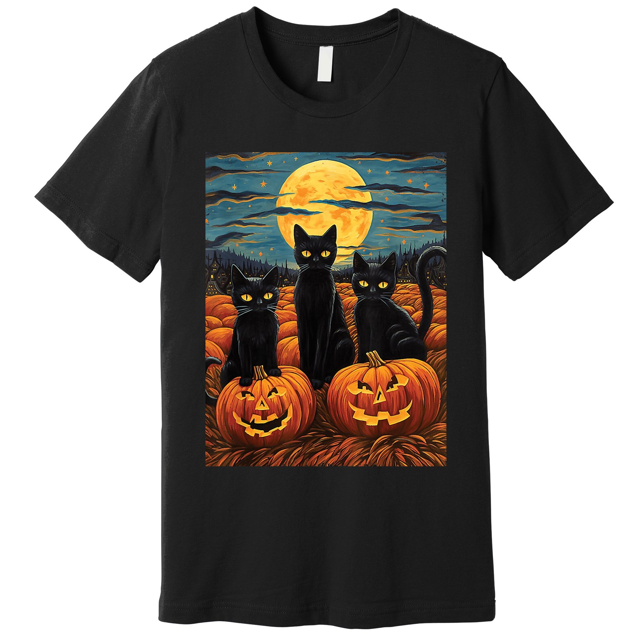 Black Cat Starry Night Van Gogh Funny Halloween Premium T-Shirt