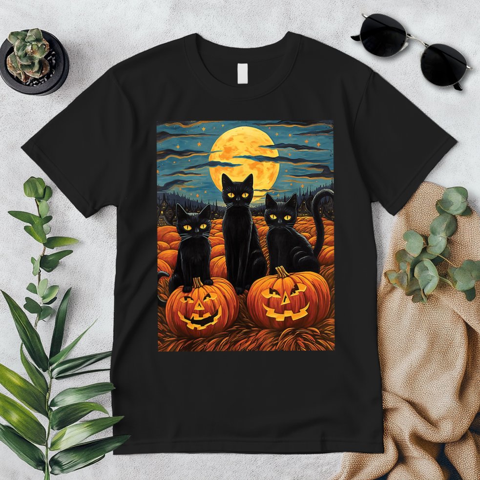 Black Cat Starry Night Van Gogh Funny Halloween Premium T-Shirt